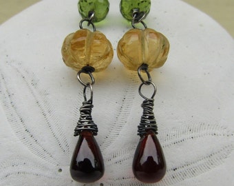 Peridot, Citrine melon, Garnet drop, oxidized sterling silver post earrings