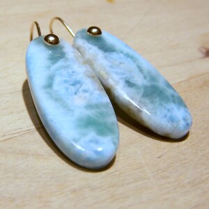 Larimar smooth briolette, 14K Solid Gold dome earwire image 1