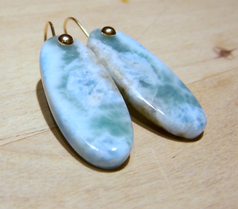 Larimar smooth briolette, 14K Solid Gold dome earwire image 1