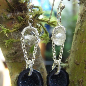 Tabasco Geode Druzy,faceted rock crystal rondelle, sterling silver coil wrap, French earwire image 5