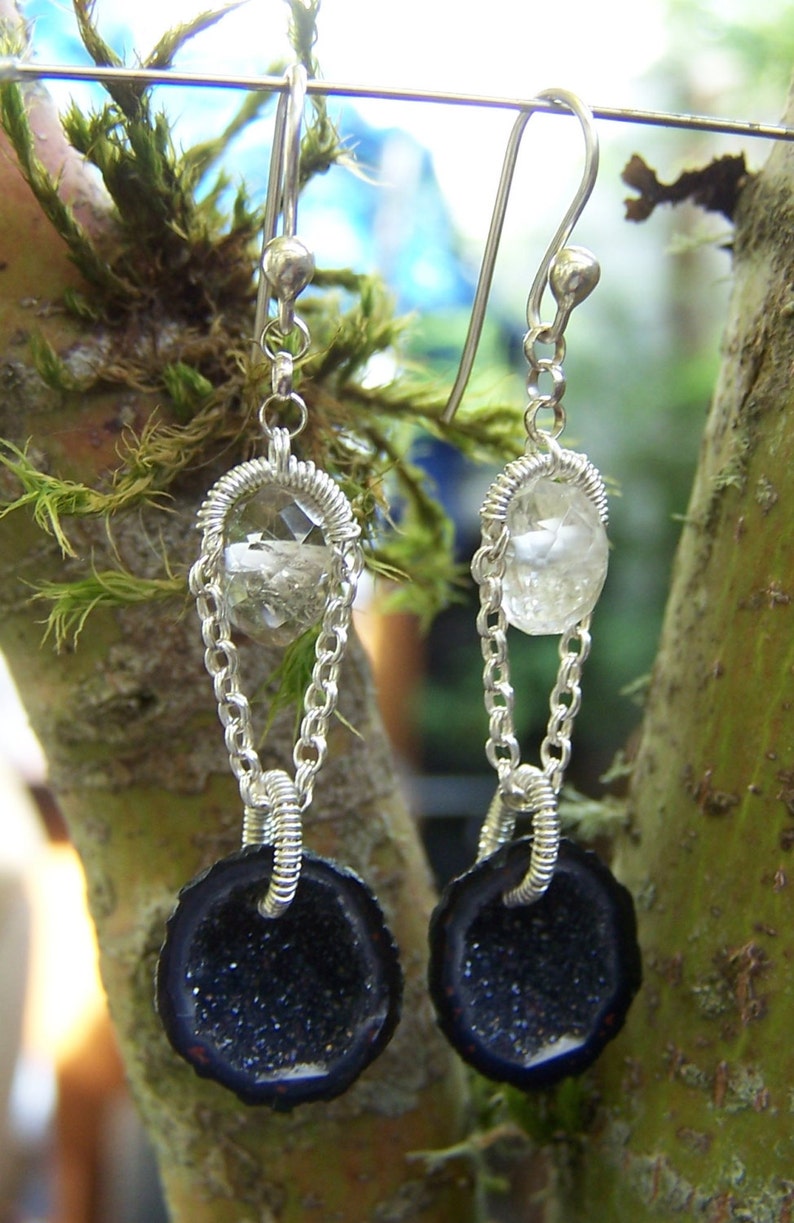 Tabasco Geode Druzy,faceted rock crystal rondelle, sterling silver coil wrap, French earwire image 5