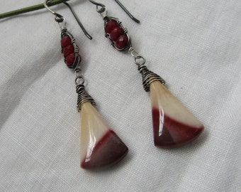 Mookaite  kite briolette, facetted Ruby rondelles, Talisman oxidized sterling ear wire earrings