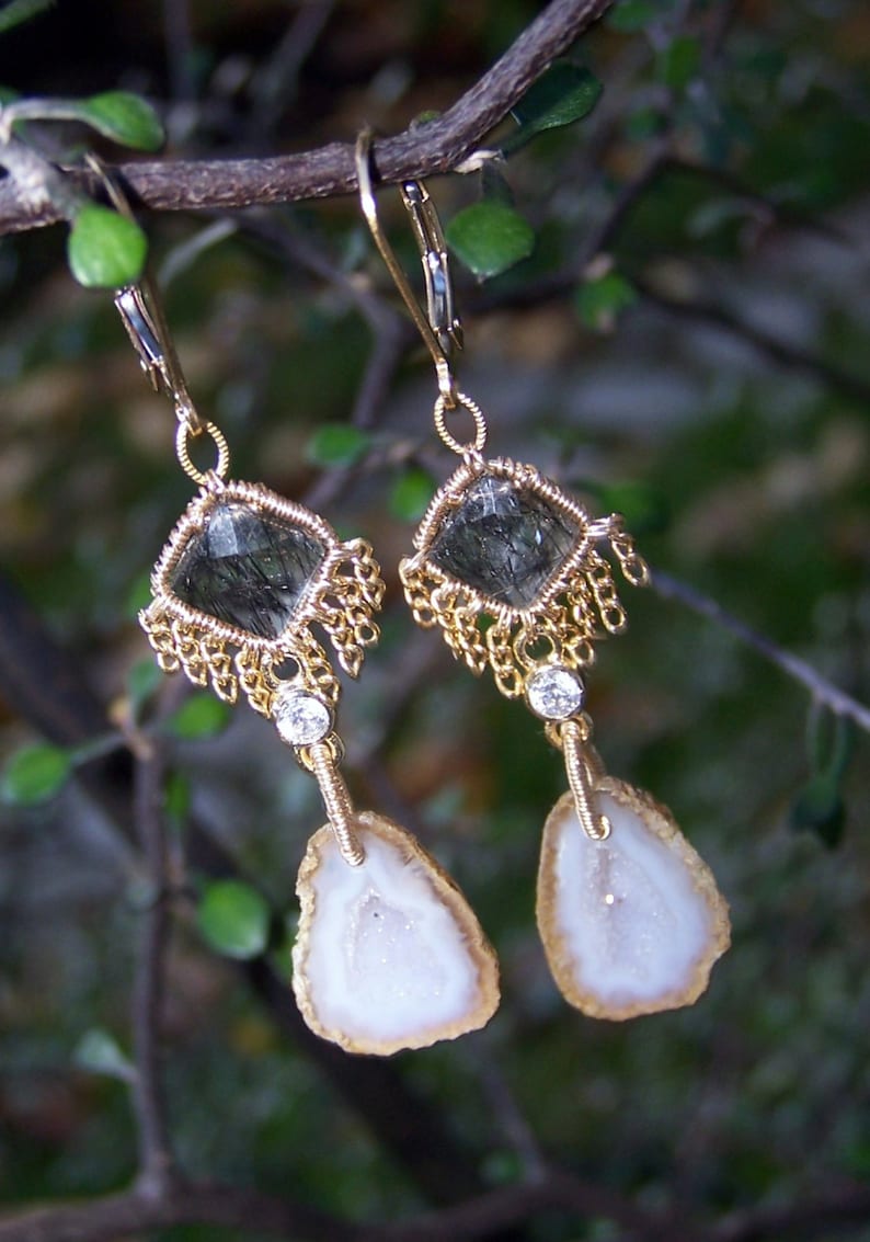 tourminalated quartz with chain fringe leverback earwire Tabasco Geode Druzy 14k gold fill coil wrap tiny crystal link