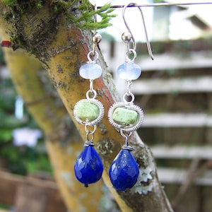 Faceted Lapis Lazuli briolette, Gaspeite nugget, chalcedony rondelle, French earwire, earrings