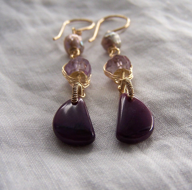 coil wrap Sugilite half moon briolette Amethyst and Citrine rondelle 14k gold fill earwire mauve rosebud pearl