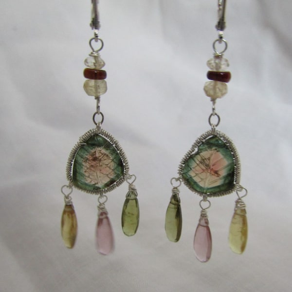 Watermelon Tourmaline Chandelier , sterling silver coil wrap, lever back earwire