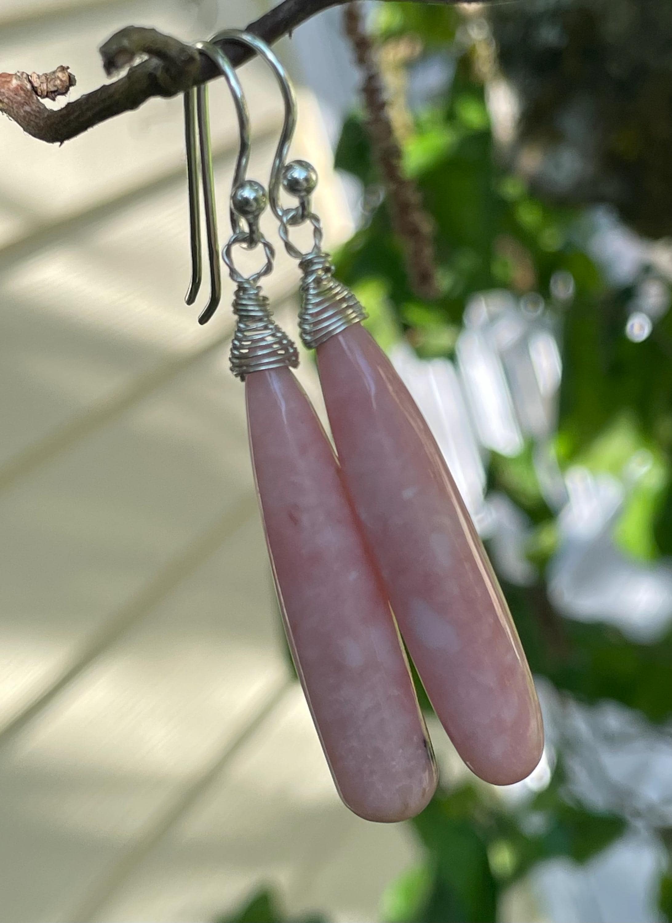 Pink Peruvian Opal, Elongated Briolette, Sterling Silver Wrap Bail