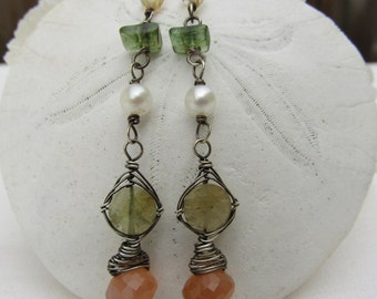 Peach Adventurine briolette, Tourmaline coin,pearl, green tourmaline crystal, citrine, dangle earrings