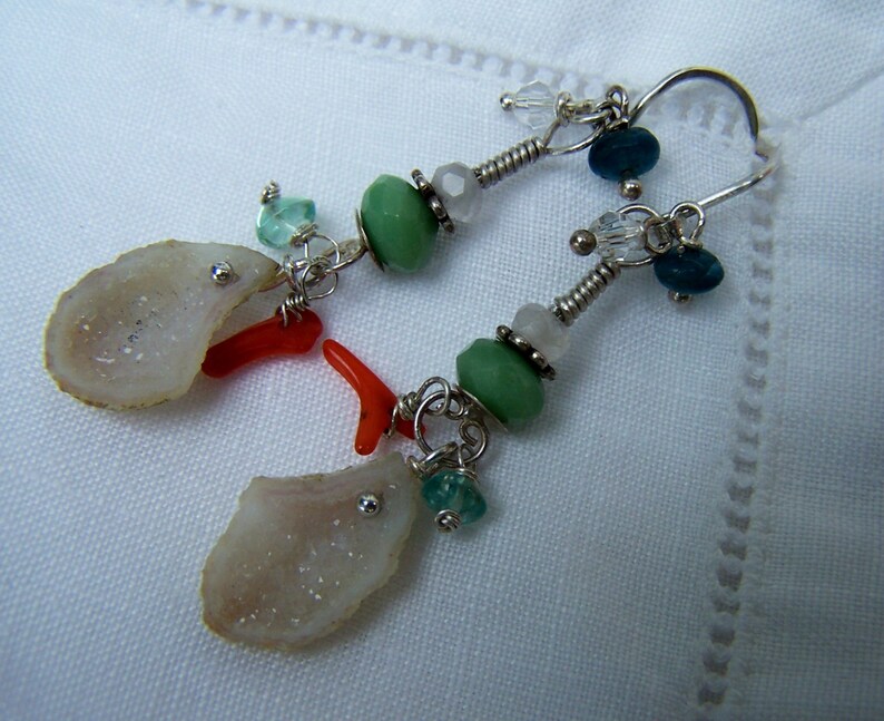 Tabasco Geode Druzy, Chrysoprase, branch coral,apatite rose quartz, hook ss earwire image 4