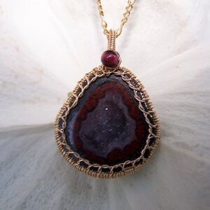 Tabasco Geode Druzy, 14k goldfilled wire wrap, Garnet , pendant necklace image 1