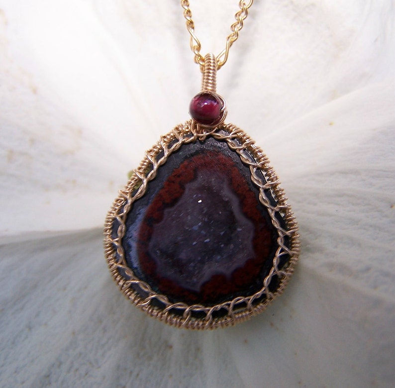 Tabasco Geode Druzy, 14k goldfilled wire wrap, Garnet , pendant necklace image 1