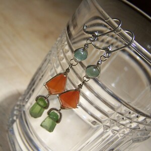 Peridot nugget,  Carnelian kite briolette, adventurine rondelle, sterling silver coil wrap, earrings