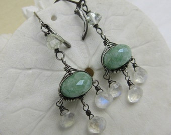 Green Amethyst, Grapolite, Rainbow moonstone dangle earrings