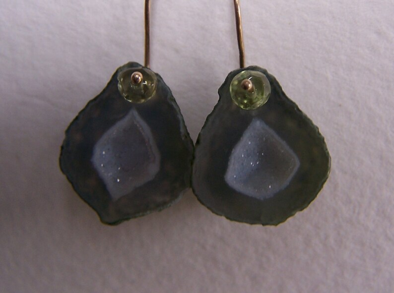 14k solid gold French earwire Mini Geode Druzy Peridot