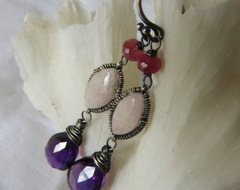 Amethyst briolette, Morganite marquise, pink Tourmaline rondelle, oxidized sterling silver earrings