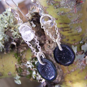 Tabasco Geode Druzy,faceted rock crystal rondelle, sterling silver coil wrap, French earwire image 1