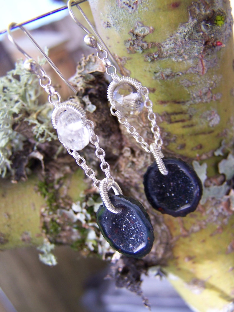 Tabasco Geode Druzy,faceted rock crystal rondelle, sterling silver coil wrap, French earwire image 1