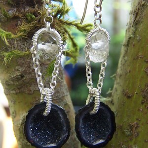 Tabasco Geode Druzy,faceted rock crystal rondelle, sterling silver coil wrap, French earwire image 2