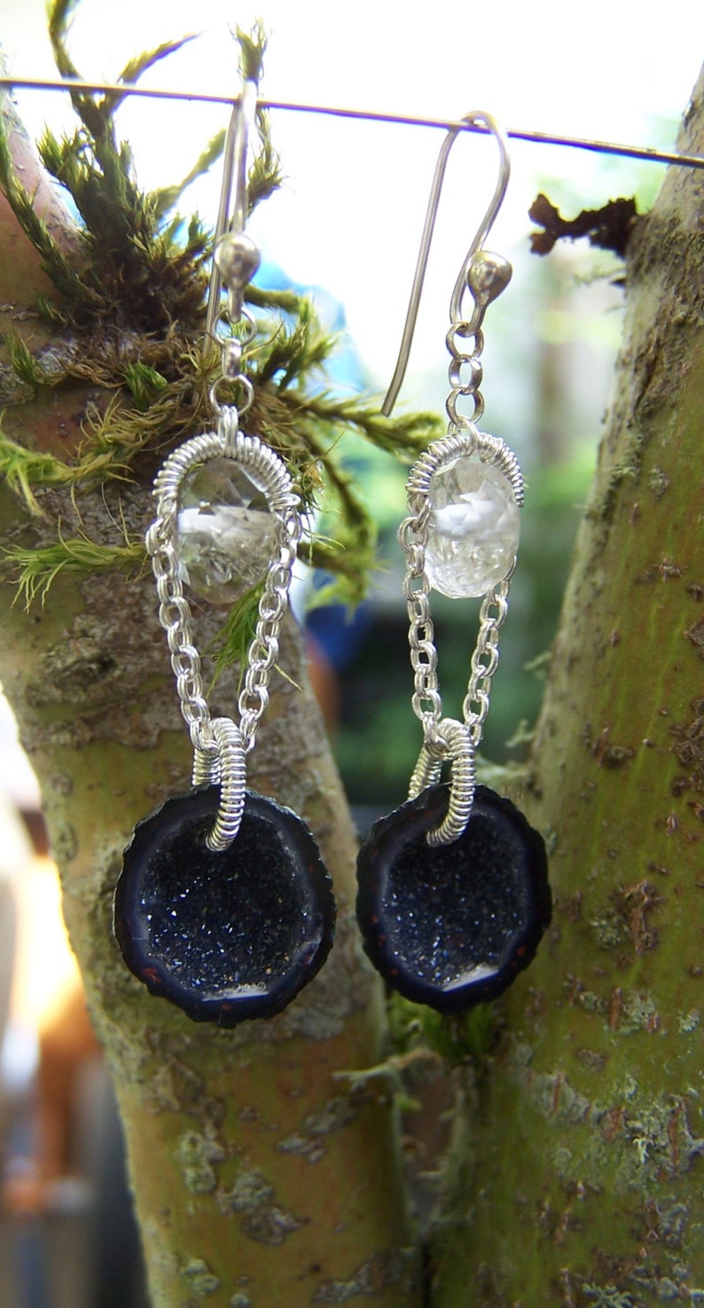 Tabasco Geode Druzy,faceted rock crystal rondelle, sterling silver coil wrap, French earwire image 2