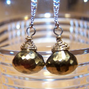 Faceted Pyrite Onion briolette aka fools gold, sterling silver  hoop, CZ hook style earwire, earrings