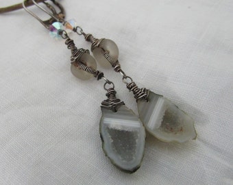 Tabasco Geode, beach glass, vintage Swaroski crystal bycone, oxidized sterling silver leverback earwire