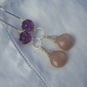 Peach Moonstone briolette, carved Amethyst flower, sterling silver hook style  dangle earrings