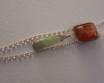 Sunstone pillow, Green Kyanite briolette sterling silver coil wrapped, chain necklace