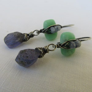 Tanzanite Facetedbriolette,  Chrysoprase pillow, sterling silver capped, hook ear wire