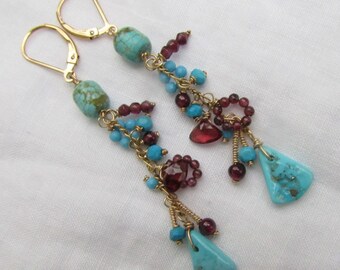 American turquoise, Pyrope and Alamandine Garnet 14k gold fill fringe earrings