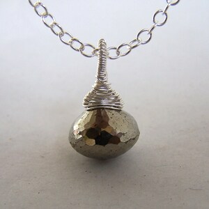 Faceted Pyrite Onion briolette aka fools gold, sterling silver wrap, pendant necklace