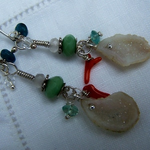 Tabasco Geode Druzy, Chrysoprase, branch coral,apatite rose quartz, hook ss earwire image 1