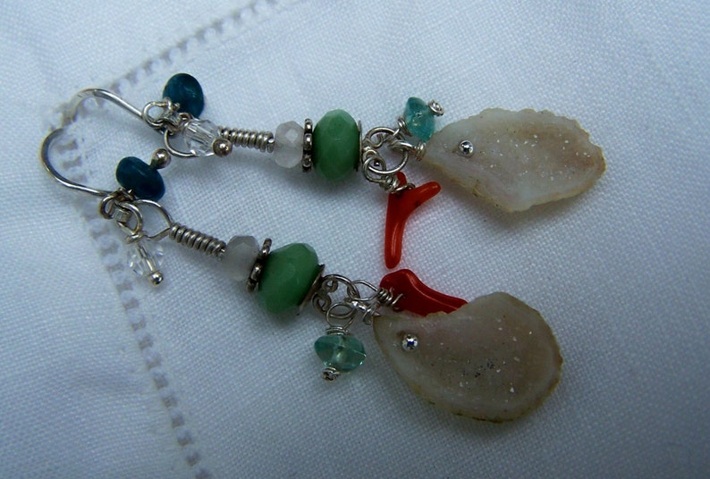 Tabasco Geode Druzy, Chrysoprase, branch coral,apatite rose quartz, hook ss earwire image 1