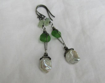 Keshi petal pearl, green beach glass, aquamarine nugget, oxidized sterling silver, ball ear wire