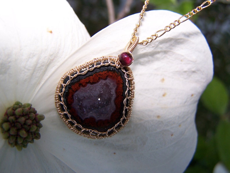 Tabasco Geode Druzy, 14k goldfilled wire wrap, Garnet , pendant necklace image 2