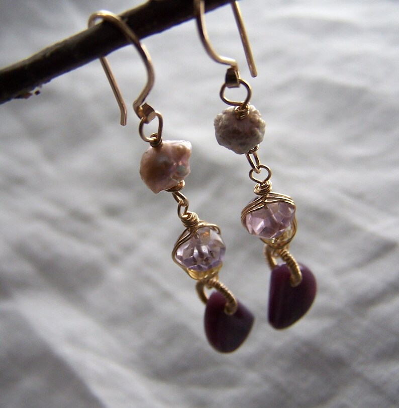 coil wrap Sugilite half moon briolette Amethyst and Citrine rondelle 14k gold fill earwire mauve rosebud pearl
