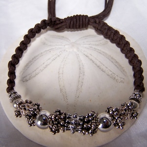 Sterling silver  macrame woven brown  cord, bracelet