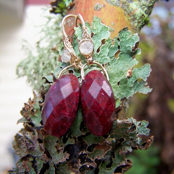 Genuine Rose cut  Ruby, faceted rainbow moonstone, 14k gold fill earrings