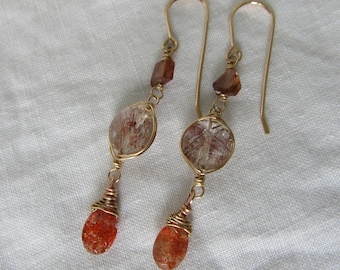 Sunstone solitaire, faceted copper rutile coin, free form Zircon, 14k fold fill earrings