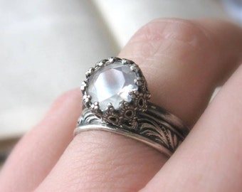 Unique Moonstone Engagement Ring / Black Gothic Promise Ring For her /  Let them Eat Cake Ring Dark Engagement Ring Oxidized Sterling Silver