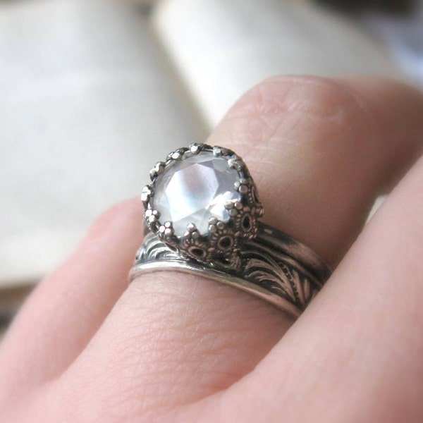 Unique Moonstone Engagement Ring / Black Gothic Promise Ring For her /  Let them Eat Cake Ring Dark Engagement Ring Oxidized Sterling Silver