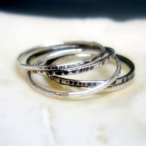 Minimalist Silver Stacking Rings Hammered Sterling Stackable Rings Thin Hammered Rings Birch Pattern Dainty Stack Rings Black and White
