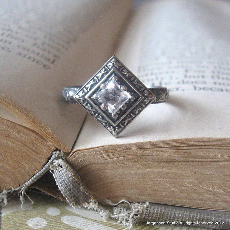 Princess Cut Edwardian Engagement Promise Ring With Oxidized | Etsy