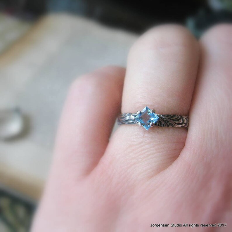 Blue Topaz Princess Cut Gemstone Ring with Swirl Pattern Sterling Silver Band Square Topaz Solitaire Promise Ring Unique Engagement Ring