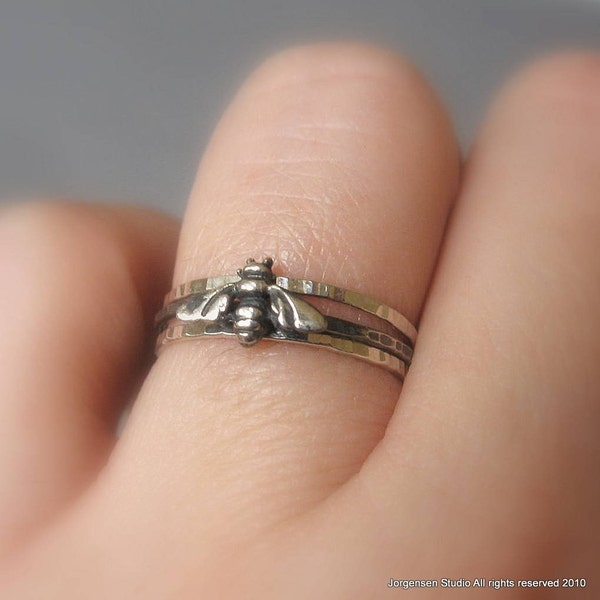 Hammered Bee Stacking Rings Sterling Silver
