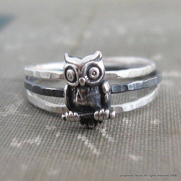 Hammered Owl Stacking Rings set of Three in Sterling Silver