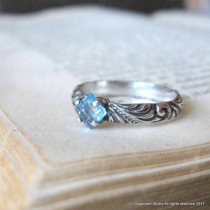 Blue Topaz Princess Cut Gemstone Ring with Swirl Pattern Sterling Silver Band Square Topaz Solitaire Promise Ring Unique Engagement Ring