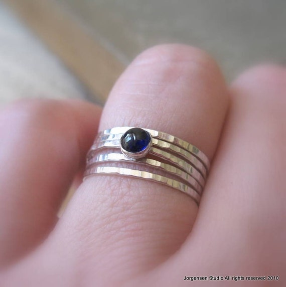 stackable ring September birthstone Natural Blue Sapphire Hammered Silver band 