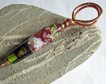 Glass Bead Ring Distaff for hand spinning, pink & green lampwork bead handmade spinners tool, wool gathering