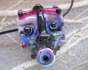 Mask necklace, glass bead pendant, purple & blue amulet, lampwork glass bead face totem sculptural focal glassbead, Isinglass Design