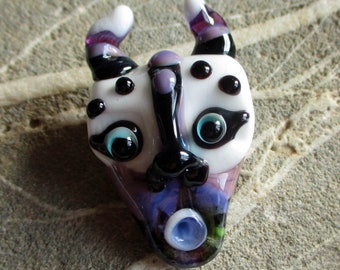 Mask necklace, glass bead pendant, white & purple horned amulet, lampwork glass bead face totem sculptural focal glassbead, Isinglass Design